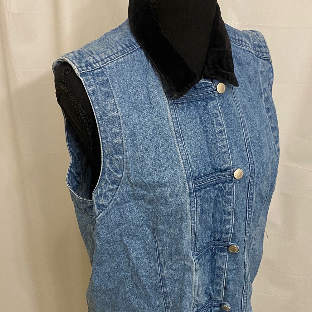Blue Denim Vest with Black velvet Collar Vintage Petite Large - Picture 2 of 7